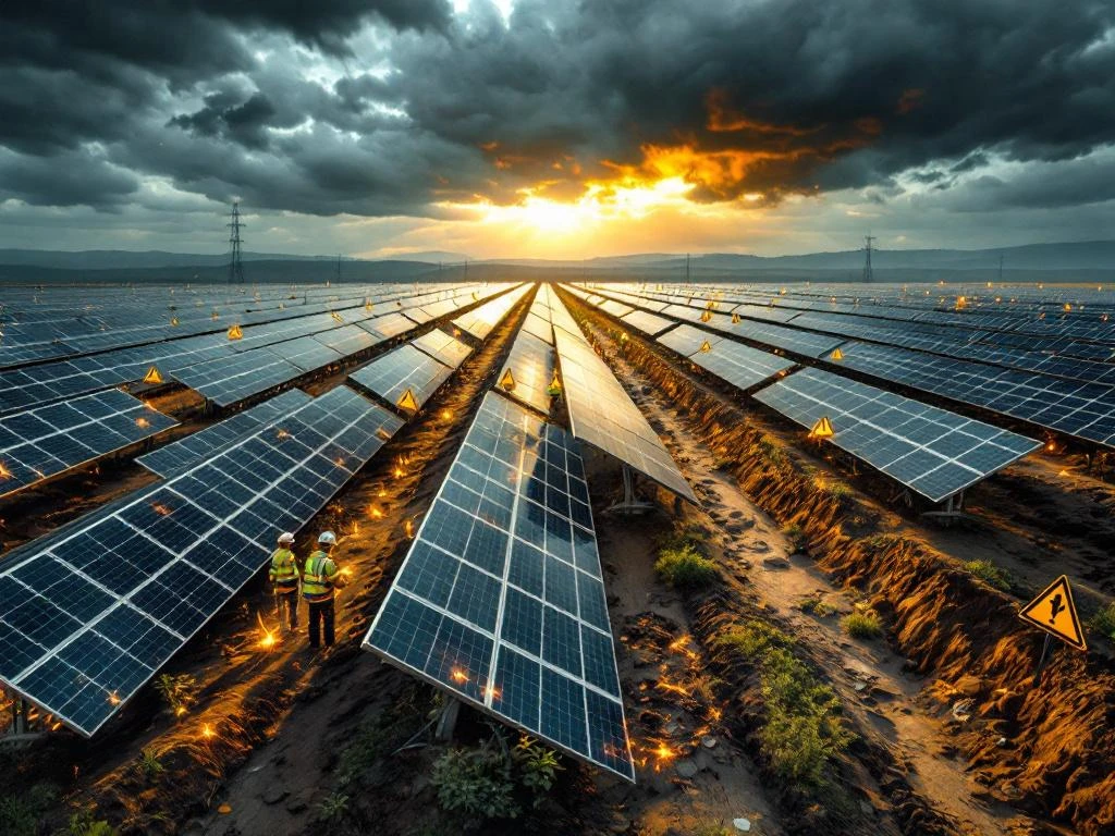 Aerial view of solar farm showing maintenance workers in safety gear addressing panel damage, electrical hazards, and erosion risks.