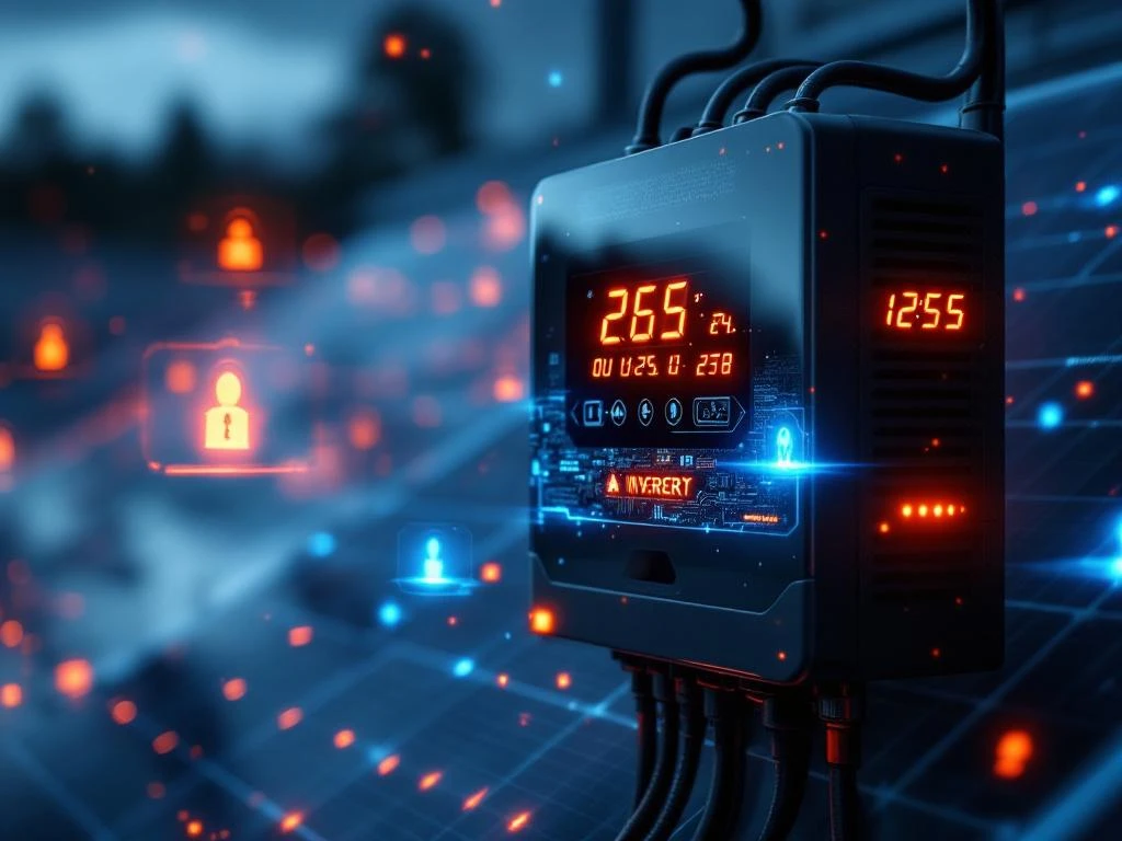 Solar inverter with red warning lights and digital security breach alerts, dark cables, solar panels in background