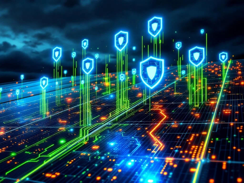 Solar panels with cybersecurity shield icons and digital firewall protection against storm clouds and warning symbols