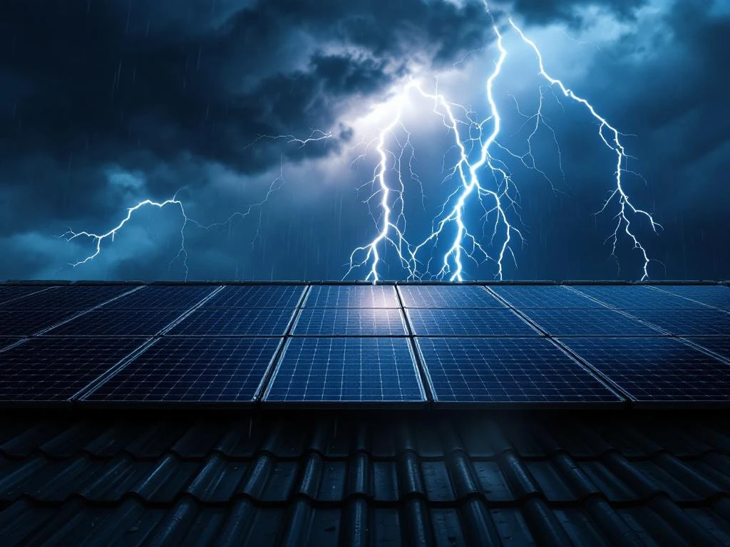 Zonnepanelen op het dak tijdens een onweersbui met bliksemschichten die inslaan in een donkere, stormachtige lucht, om de bezorgdheid over de veiligheid van het weer te benadrukken.