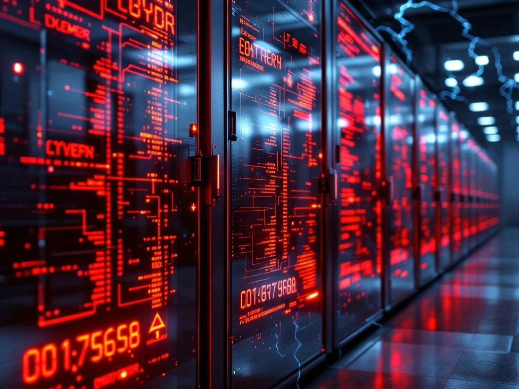 Industrieel batterij-energieopslagsysteem met rode waarschuwingslampjes en digitale coderingen, zonnepanelen op de achtergrond.