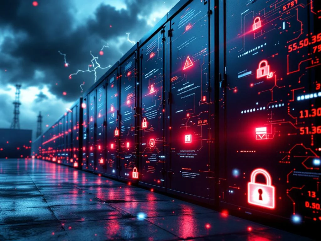 Industrieel batterijopslagsysteem met rode waarschuwingslampjes, digitale beveiligingswaarschuwingen en holografische symbolen voor bedreigingen van cyberbeveiliging.