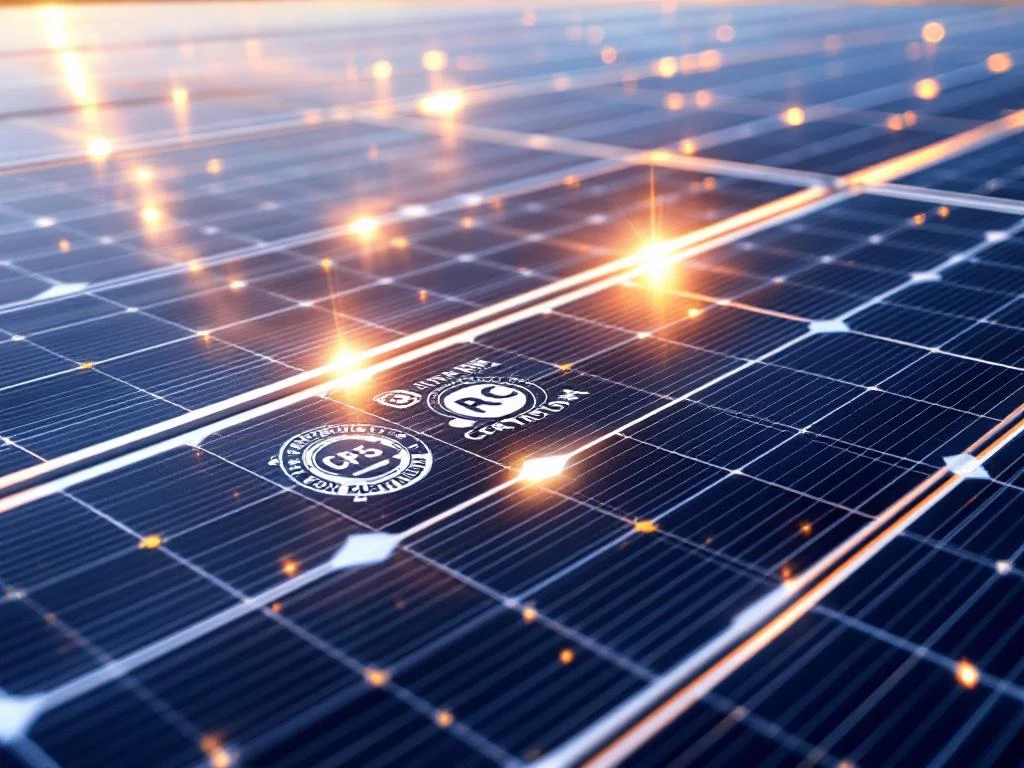 Premium zonnepanelen met certificeringslogo's en kwaliteitskeurmerken, met blauwe fotovoltaïsche cellen in gouden zonlicht.