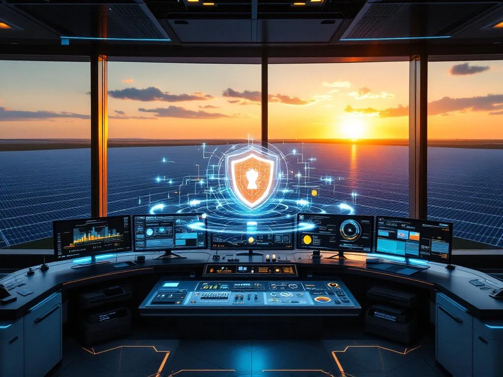 Cybersecurity command center with multiple monitors displaying network dashboards overlooking solar farm at sunset.