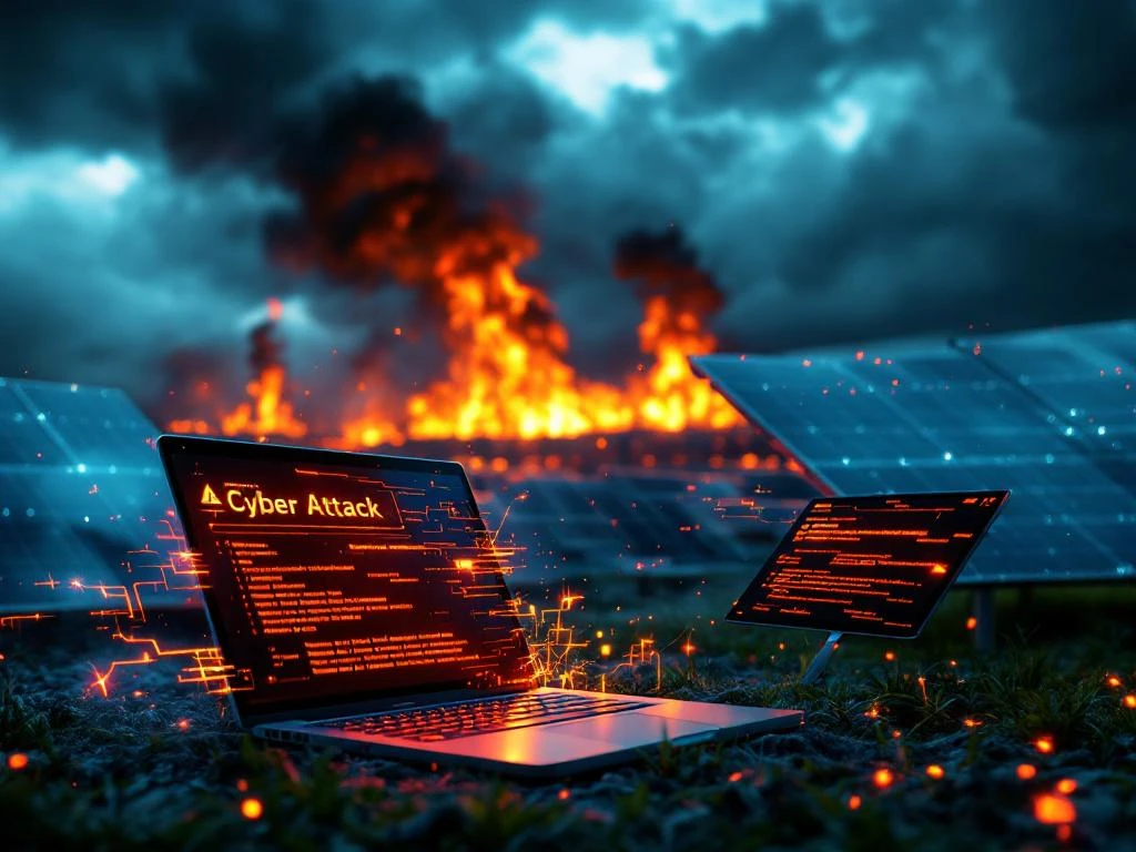 Zonnepanelen met brandende batterijopslageenheden en een laptop die waarschuwingen voor cyberaanvallen toont onder een stormachtige lucht