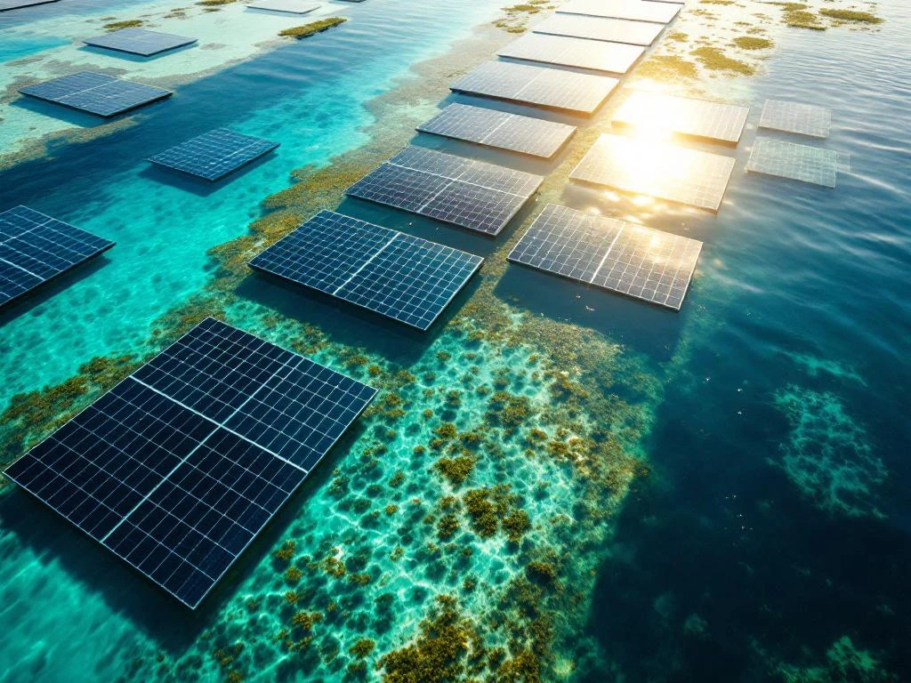Luchtfoto van drijvende zonnepanelen op helder turquoise meer met zichtbare onderwatervegetatie en gouden zonlichtreflecties.