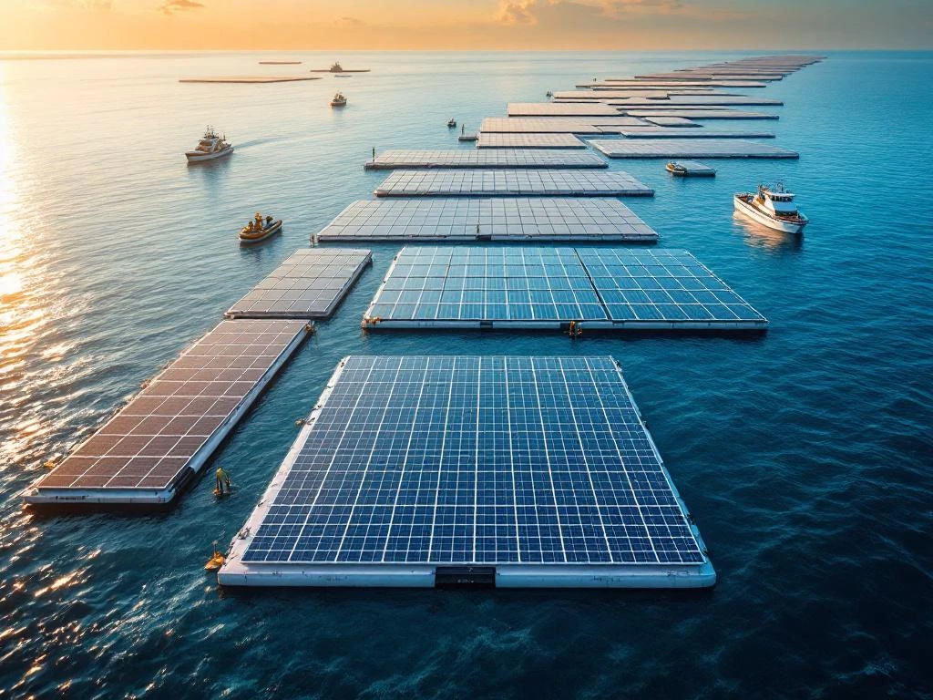 Luchtfoto van drijvende zonnepanelen op blauw water met verschillende stadia van slijtage van nieuwe tot verweerde installaties met onderhoudsboten