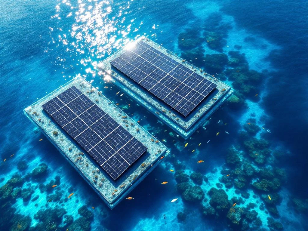 Luchtfoto van drijvende zonnepanelen op helderblauw water met kleurrijke vissen en koraal zichtbaar onder de installatie.