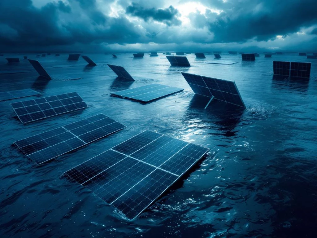 Drijvende zonnepanelen op donker water tijdens een storm, sommige onder gevaarlijke hoeken gekanteld terwijl andere stabiel blijven, met dramatische wolken erboven.