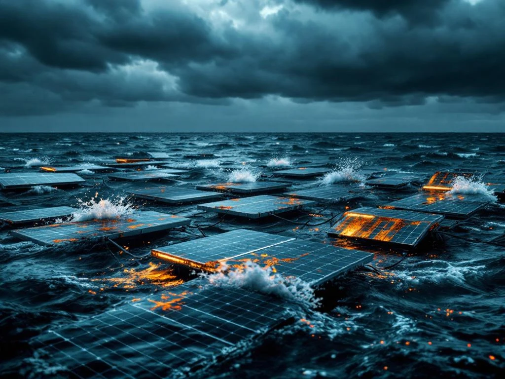 Beschadigde drijvende zonnepanelen, gevaarlijk gekanteld op onstuimig water met gecorrodeerde oppervlakken, ondergedompelde kabels en onweerswolken boven ons.
