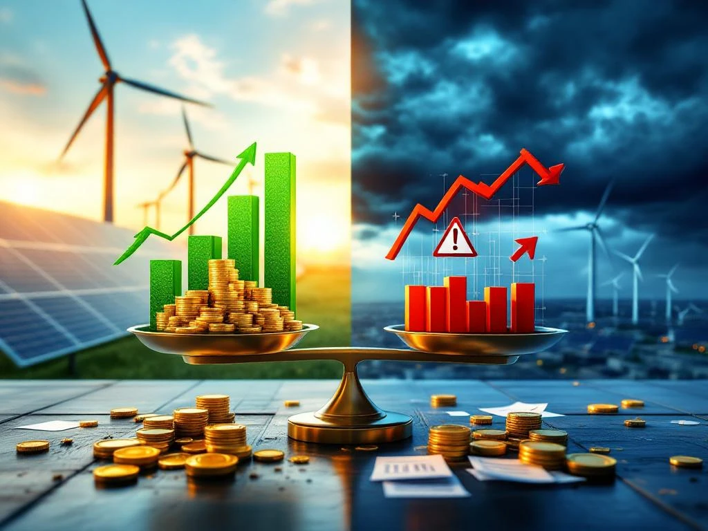 Split-screen die zonnepanelen en windturbines toont met stijgende groene grafieken versus stormachtige luchten met dalende rode grafieken, gebalanceerde schaal in het midden die de risico's en beloningen van investeringen in hernieuwbare energie afweegt.