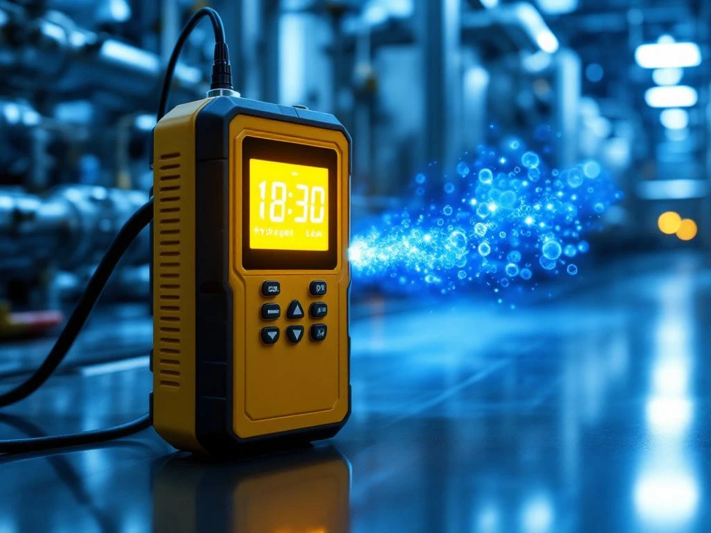 Waterstofdetectieapparaat met geel digitaal display scant industriële leidingen op gaslekken in installatie voor hernieuwbare energie