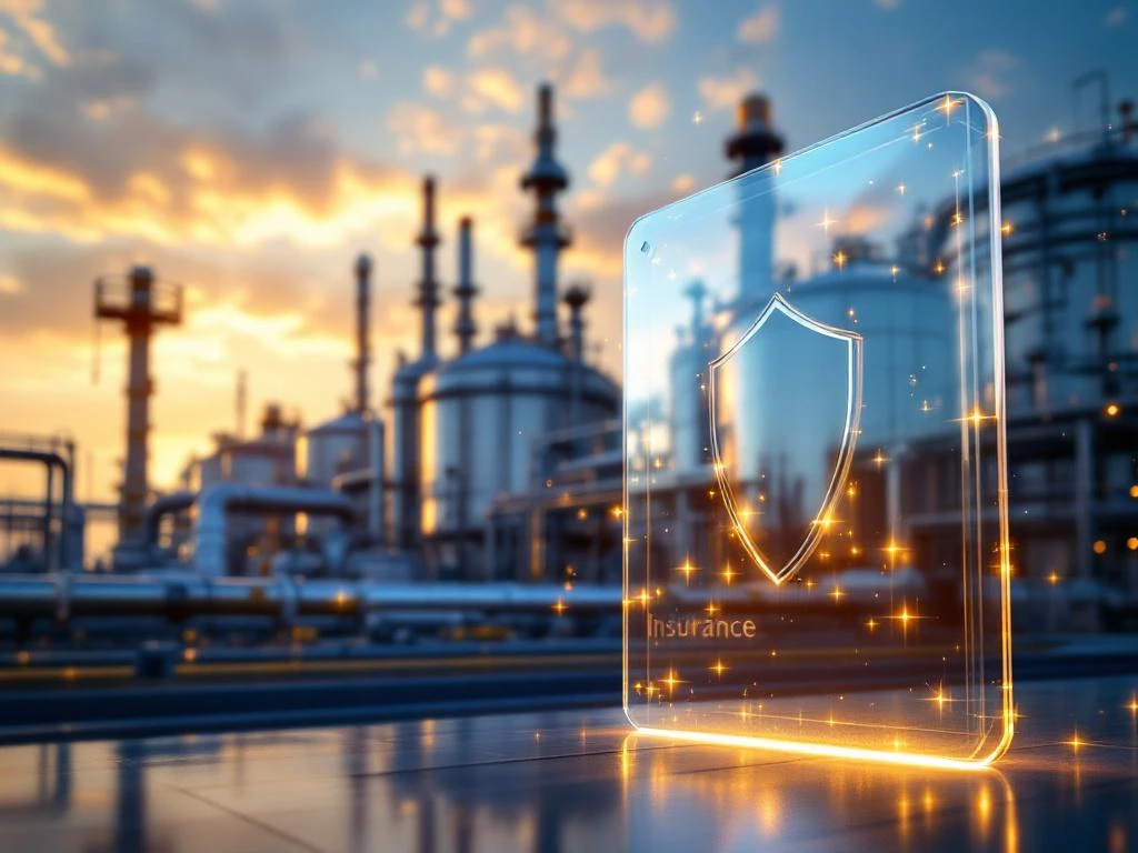 Moderne waterstofenergiecentrale met metalen opslagtanks en pijpleidingen tijdens het gouden uur, met een beschermende glazen barrière die verzekeringsdekking symboliseert.