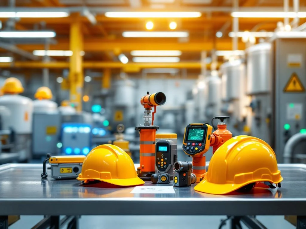 Trainingsfaciliteit voor industriële waterstofveiligheid met beschermende helmen, gasdetectieapparatuur en opslagtanks onder tl-verlichting.