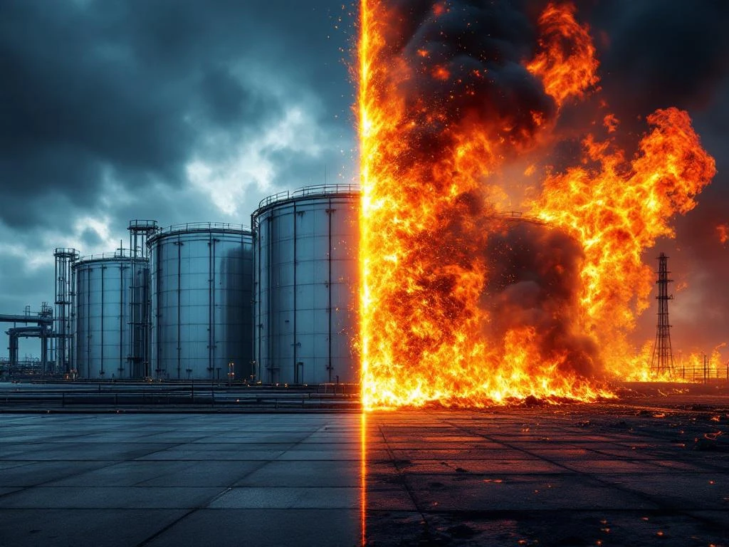 Split-screen met waterstofopslagfaciliteit met metalen tanks afgezet tegen oranje vlammen en rook, ter illustratie van industriële veiligheidsrisico's.