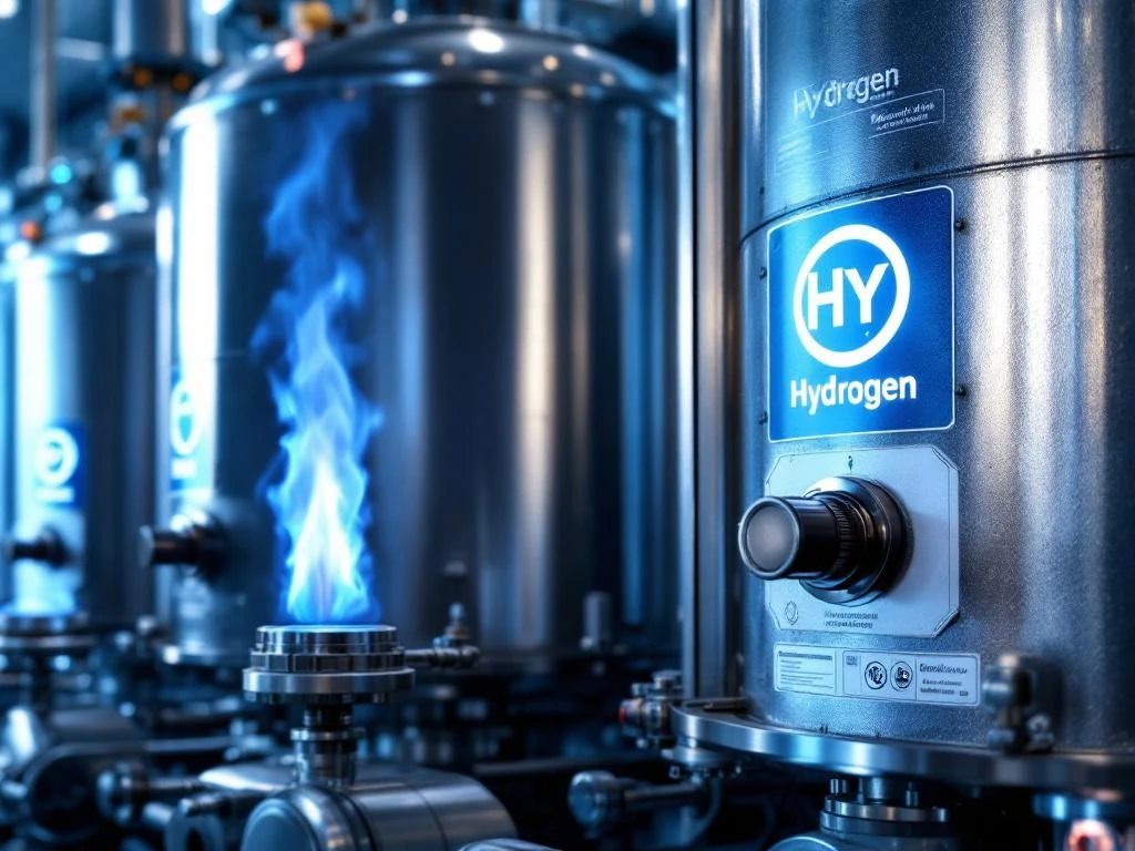 Industriële waterstofopslagtanks met drukmeters, veiligheidskleppen en blauwe vlammen van gecontroleerde branders