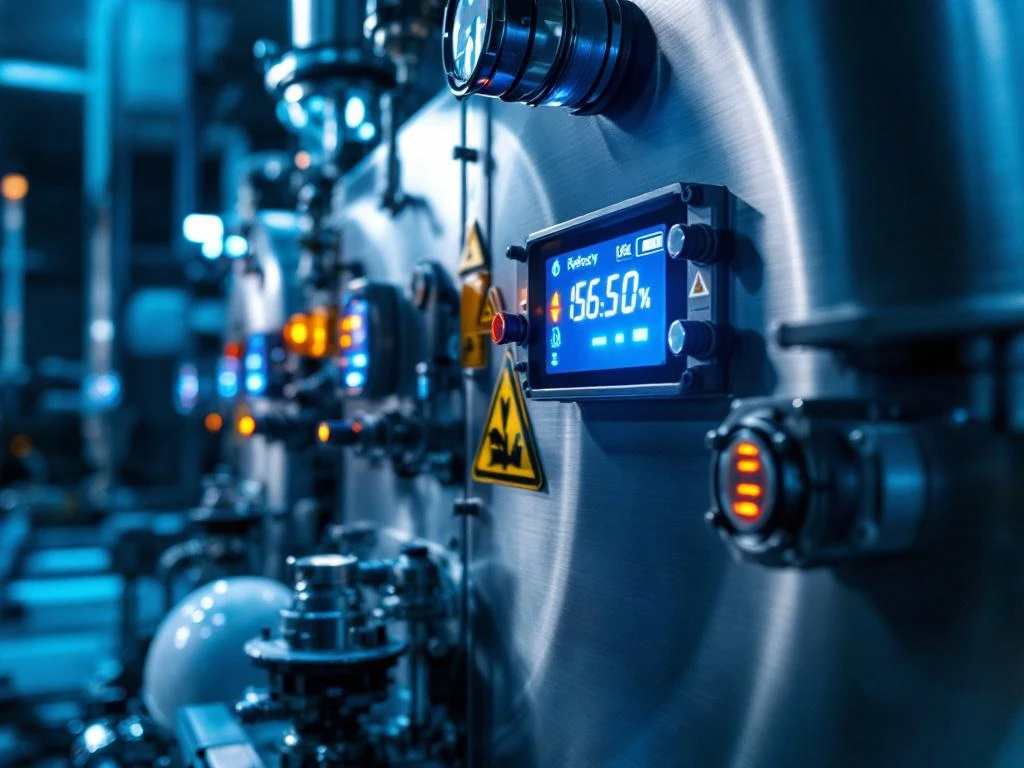 Moderne industriële elektrolyse-eenheid met roestvrijstalen oppervlakken, blauwe LED-indicatoren, veiligheidshelmen en noodbediening