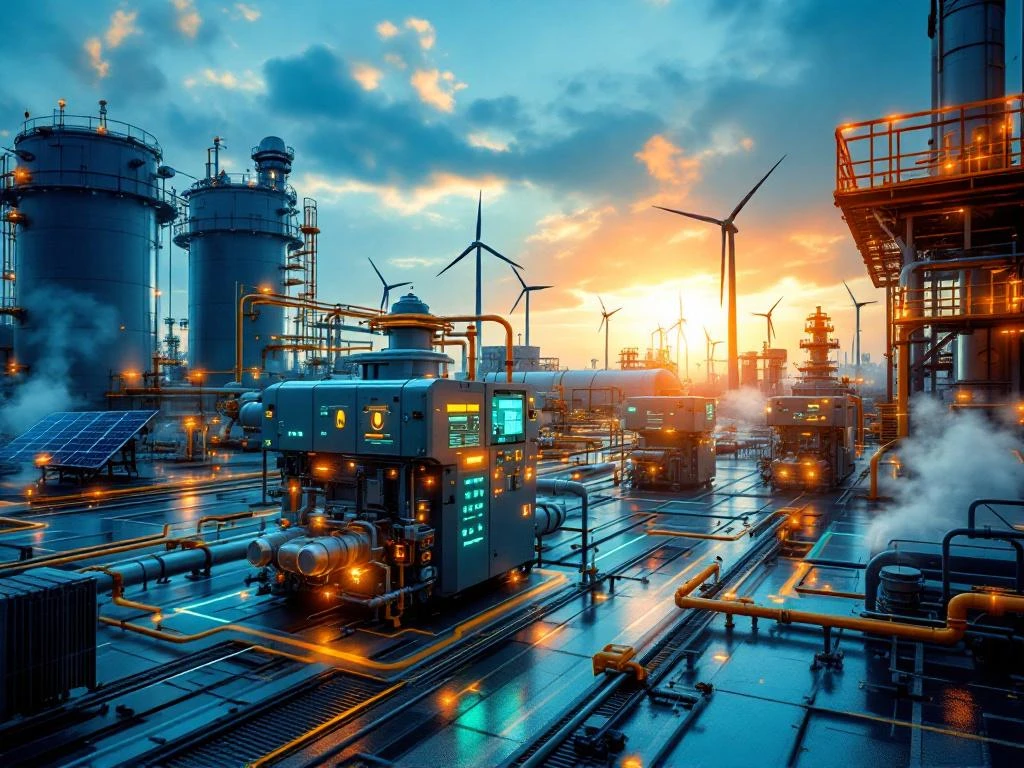 Energie-naar-gas industriële installatie met elektrolyse-eenheden, opslagtanks voor waterstof, controlepaneel en hernieuwbare energiebronnen