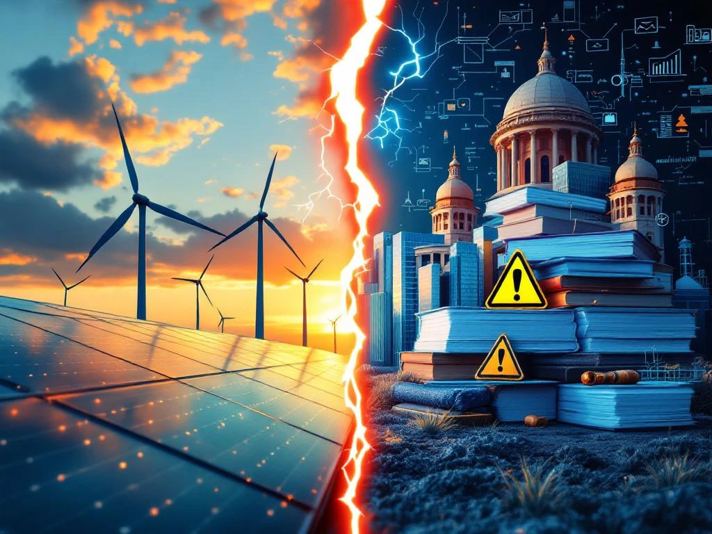 Split-screen showing solar panels and wind turbines on left, stacked legal documents and government buildings on right, divided by lightning crack representing regulatory challenges for hybrid energy projects.