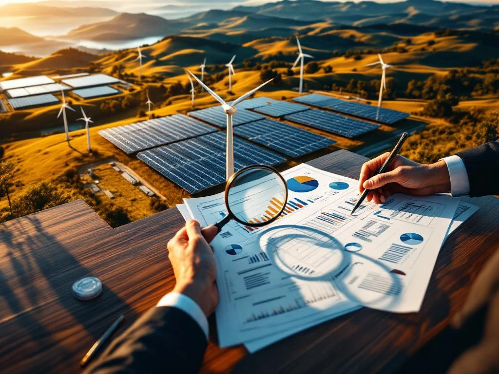 Professionele handen beoordelen blauwdrukken van faciliteit voor hernieuwbare energie met zonnepanelen en windturbines zichtbaar in luchtfoto