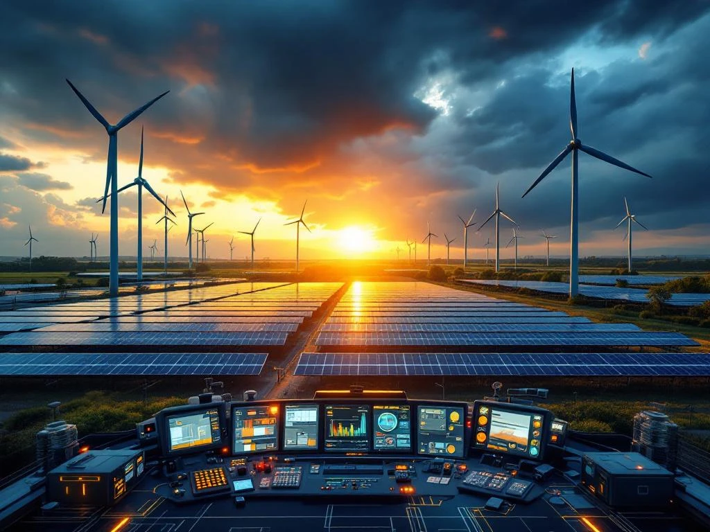 Luchtfoto van hybride faciliteit voor hernieuwbare energie met zonnepanelen en windturbines tijdens het gouden uur met weergave in de controlekamer