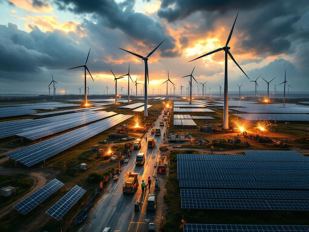 Luchtfoto van windturbines en zonnepanelen tijdens onderhoud, met bemanningen die beschadigde apparatuur repareren onder onweerswolken.