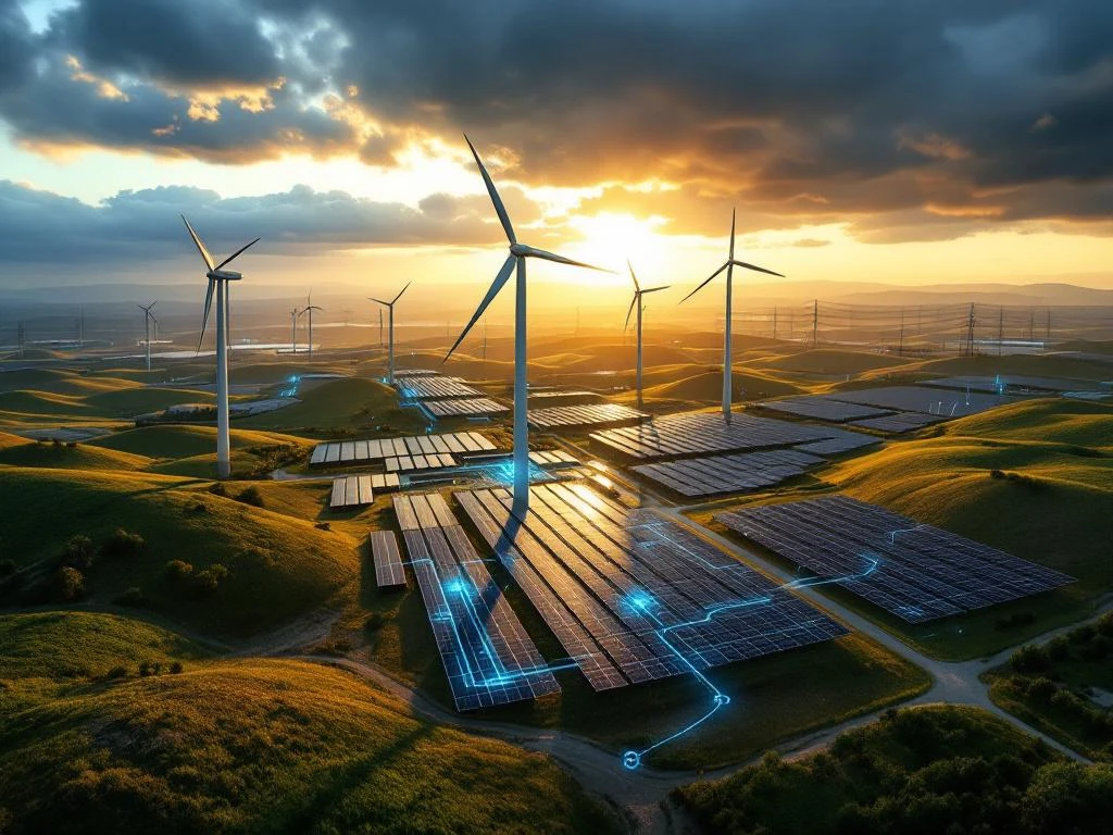 Luchtfoto van hybride park voor hernieuwbare energie met zonnepanelen en windturbines op het gouden uur met naderende stormwolken.