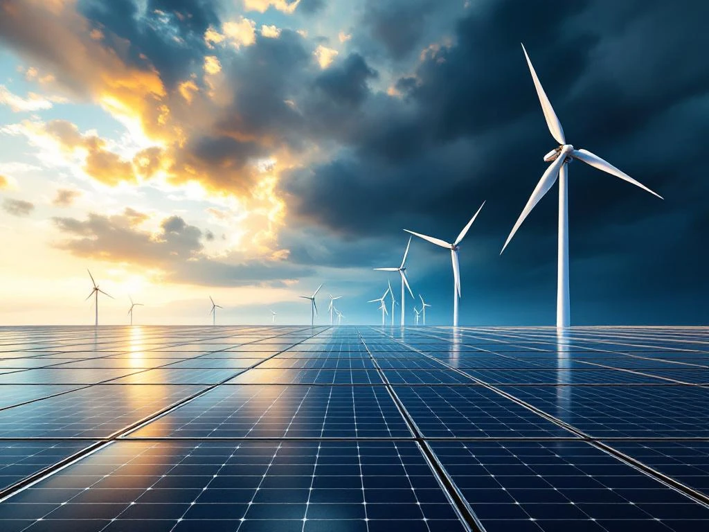 Luchtfoto van een moderne faciliteit voor hernieuwbare energie met zonnepanelen en windturbines onder een dramatische hemel met stormwolken en zonlicht.