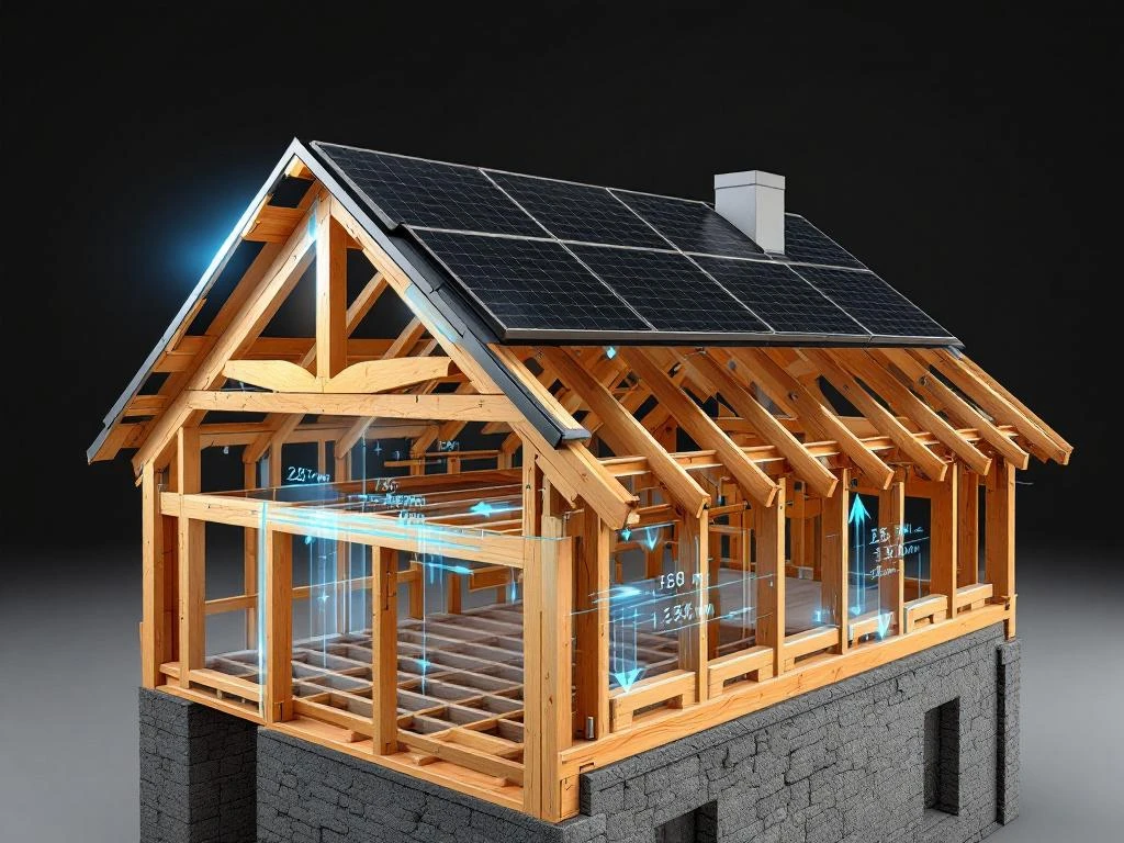 Dwarsdoorsnede van een woningdak met een houten balkconstructie met zonnepanelen erop gemonteerd en blauwe spanningsindicatoren