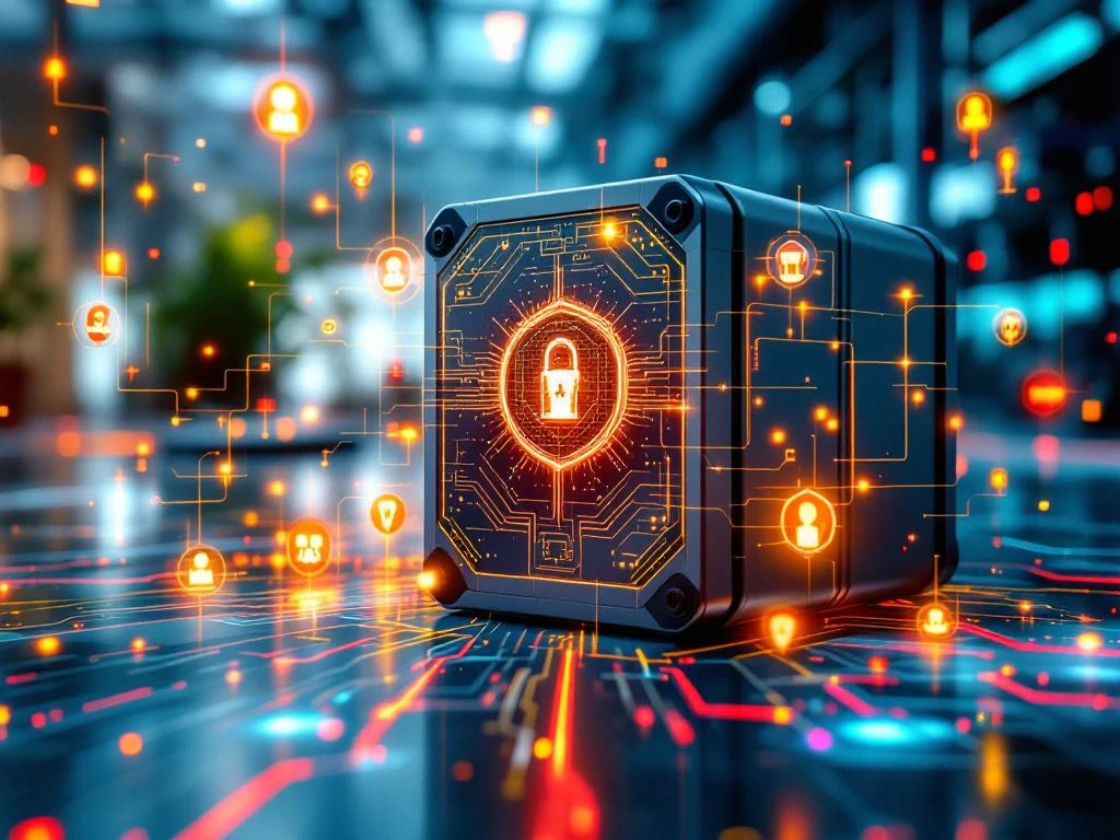 Zonnebatterijsysteem met oplichtende circuits en holografische beveiligingsdisplays die de bewakingsinterface voor cyberbeveiliging tonen