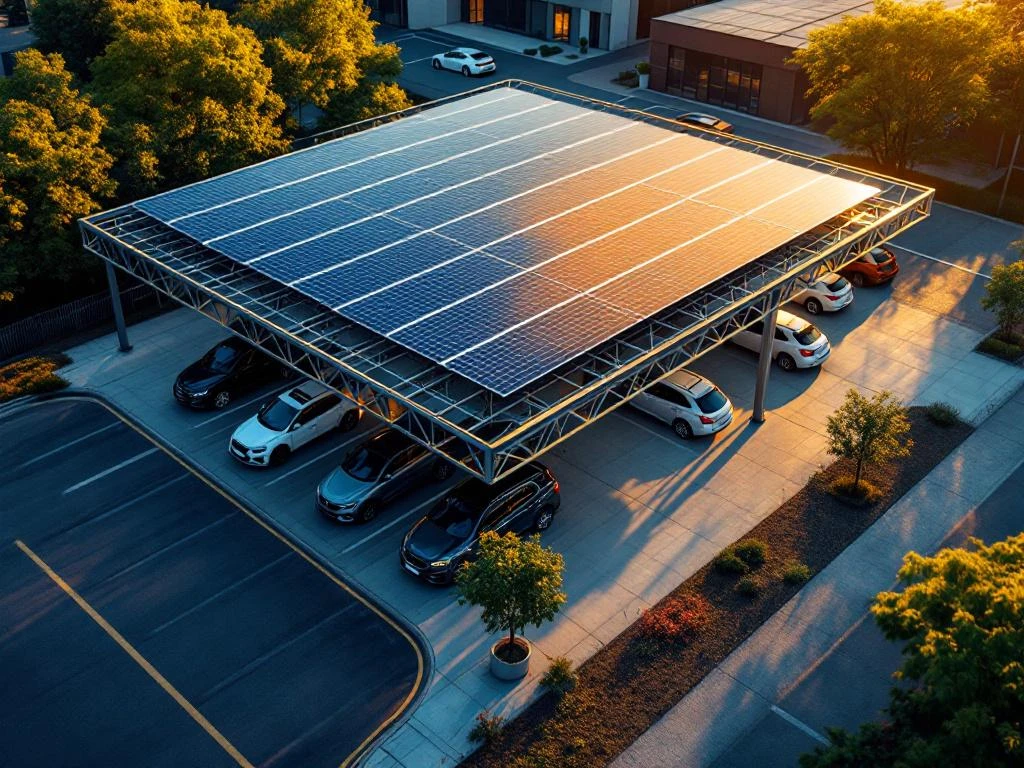 Luchtfoto van een moderne zonnecarport met stalen frame die geparkeerde auto's bedekt, 'golden hour'-verlichting die de structuur accentueert