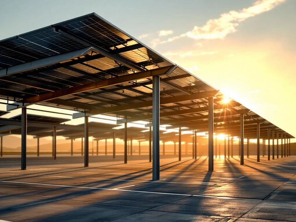 Carport op zonne-energie met zwarte panelen op een stalen frame met verweerde randen en veroudering, verlicht door verlichting met gouden uur met tijdlijnstrepen op de achtergrond.
