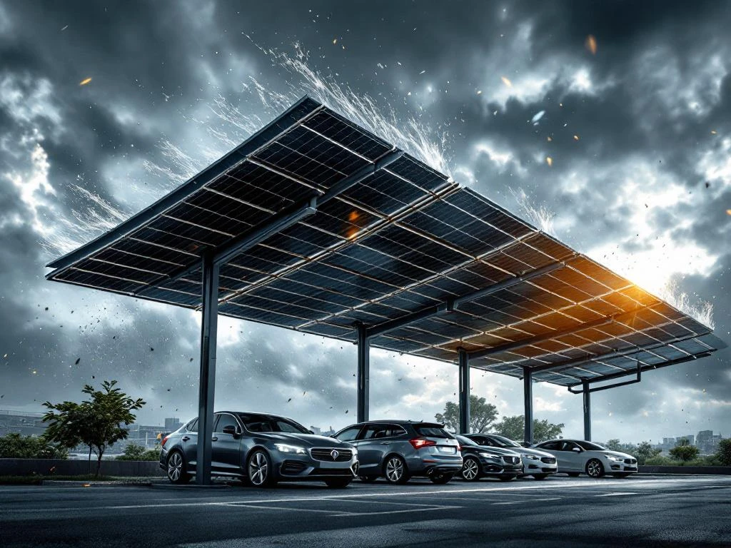 Zonnecarport met zwarte panelen op stalen frame, die buigt in sterke wind, auto's veilig geparkeerd onder stormachtige hemel