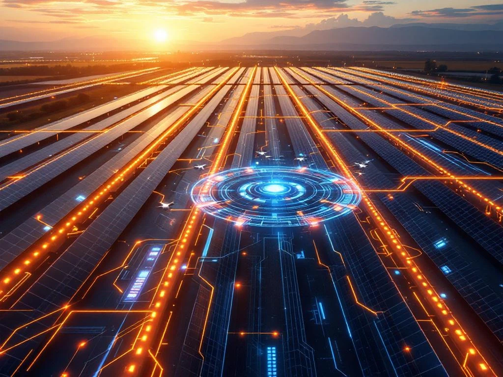 Aerial view of expansive solar farm with illuminated pathways, holographic control center, and inspection drones at golden hour.