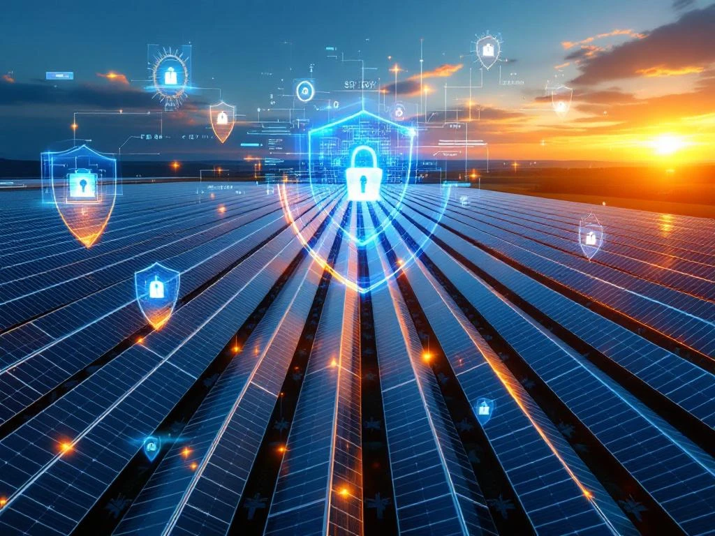 Luchtfoto van modern zonnepark met fotovoltaïsche panelen en digitale cyberbeveiliging overlay-elementen tijdens het gouden uur