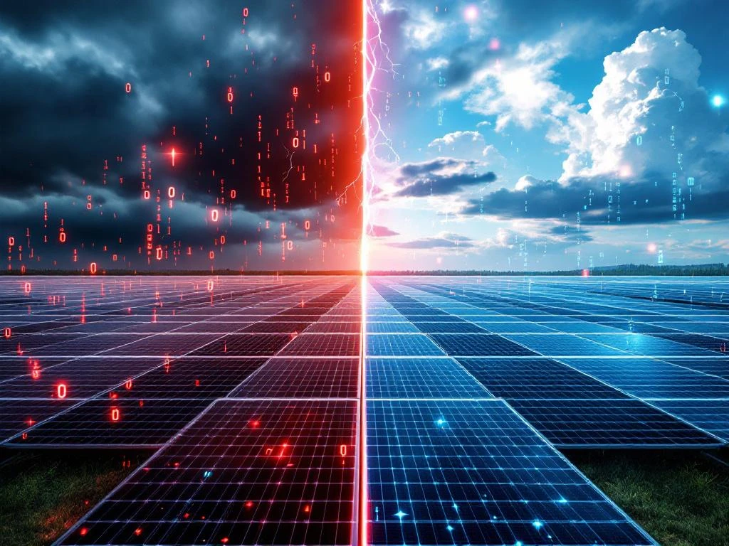 Split-screen zonnepark met cyberbeveiligingsbedreigingen met rode waarschuwingscodes en bliksem versus beschermde panelen met blauwe digitale schilden.