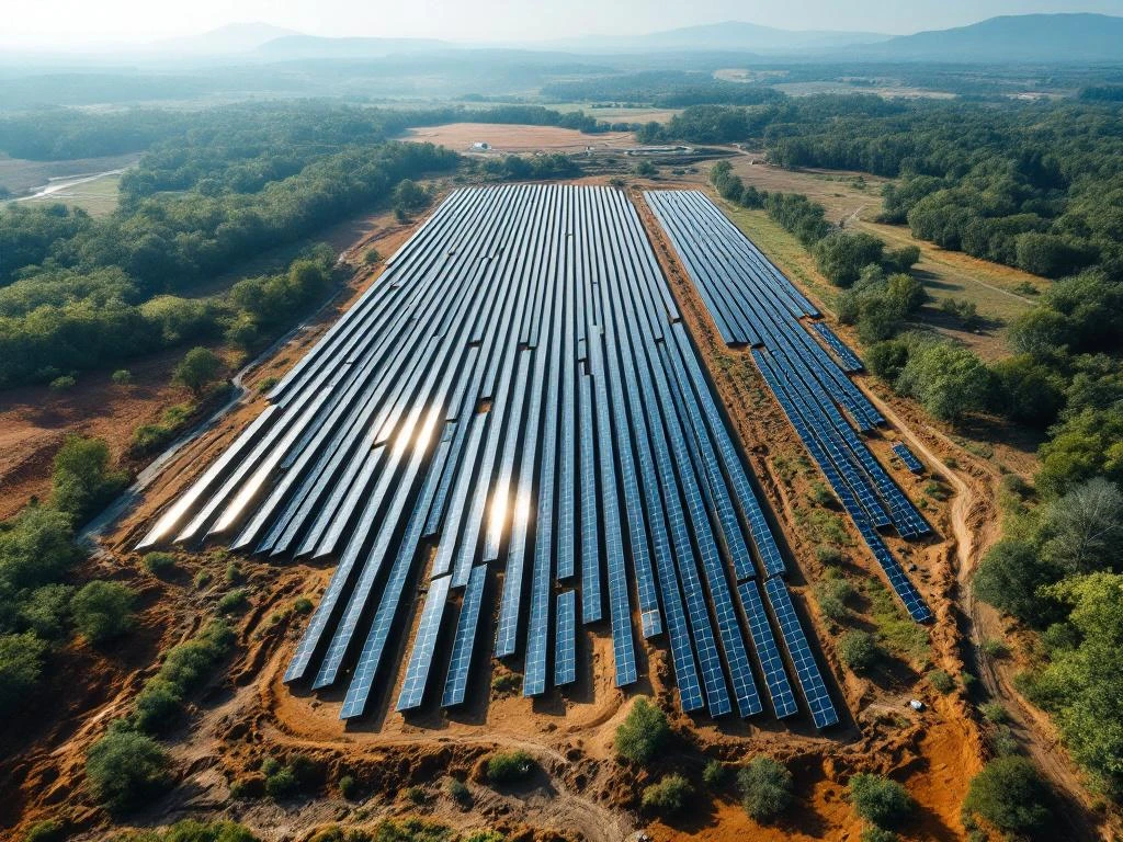 Grote zonne-energiecentrale op natuurlijk terrein die de milieu-impact toont met verstoorde bodem en veranderde vegetatiepatronen.