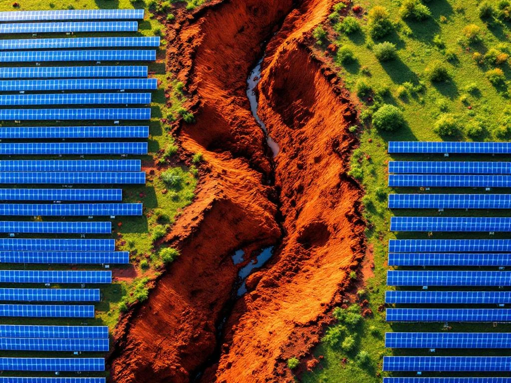 Zonnepark met zichtbare erosiekanalen in de grond tussen blauwe panelen, die de milieu-impact op hellend terrein tonen.