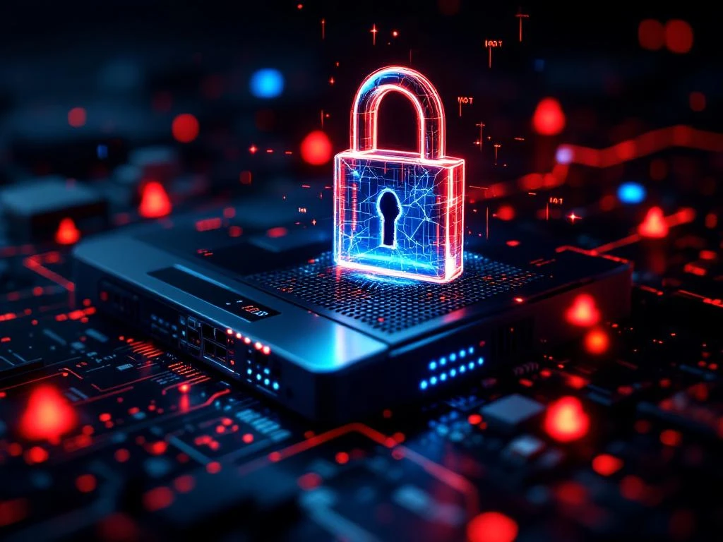 Solar inverter with cracked digital padlock overlay showing cybersecurity vulnerability, surrounded by red warning code streams