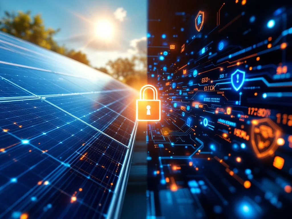 Zonnepanelen met blauwe fotovoltaïsche cellen die overgaan in digitale cyberbeveiligingselementen met gloeiende circuits en een hangslot-symbool