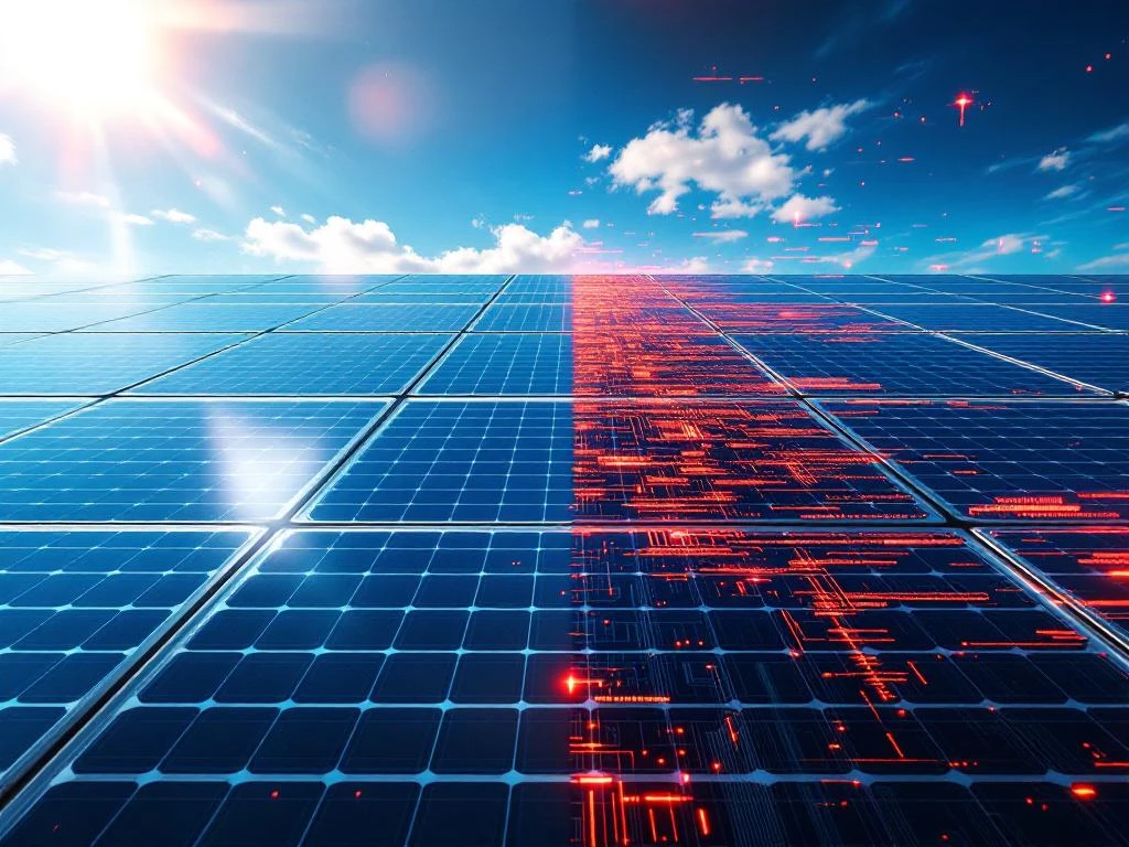 Gesplitst scherm voor zonnepaneleninstallatie: schone blauwe panelen links, hetzelfde systeem met rode cyberbeveiligingsbedreigingen rechts