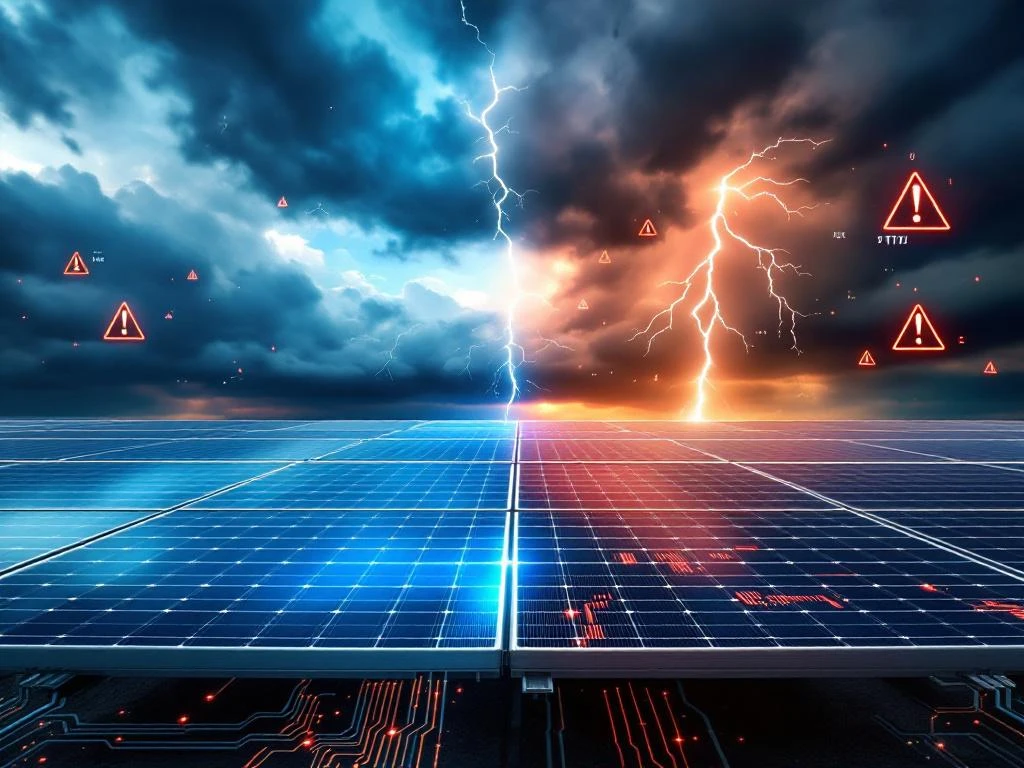 Zonnepaneelinstallatie in splitscreen met cyberbeveiligingsbedreigingen met rode waarschuwingssymbolen op panelen onder een stormachtige hemel.