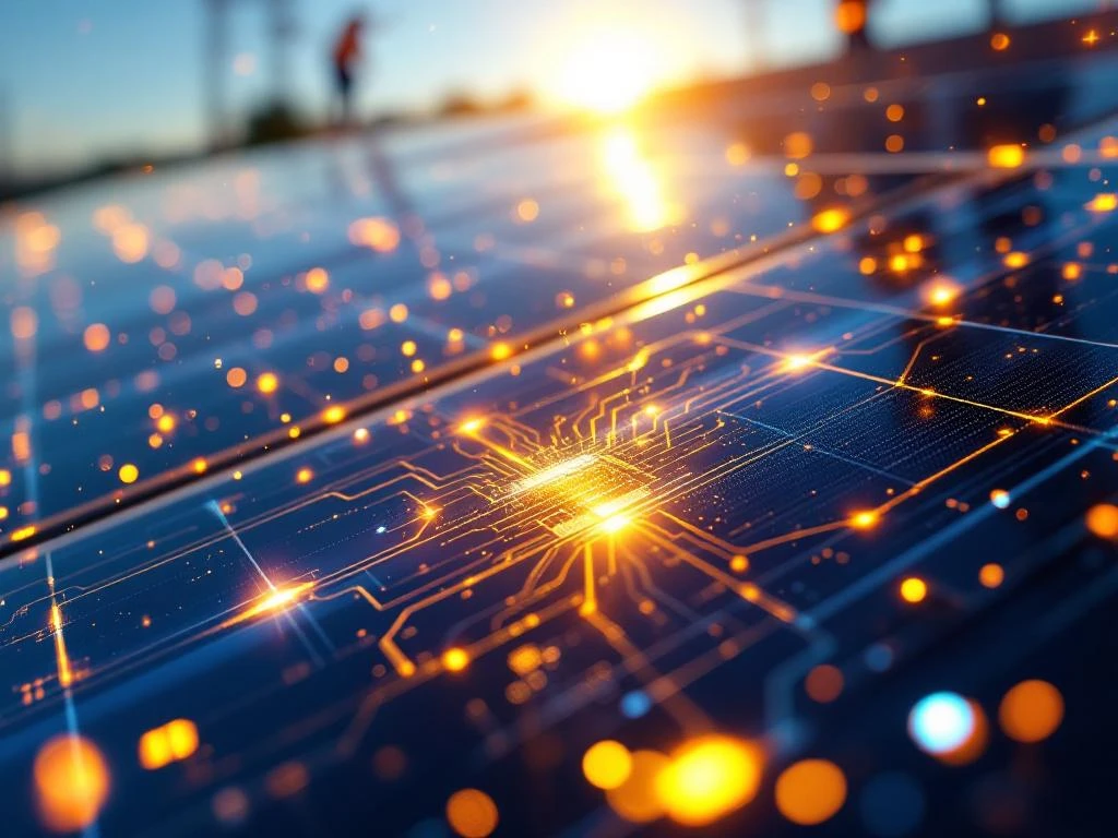 Close-up van een modern zonnepaneel met kristallijne siliciumcellen onder zonlicht, met gloeiende datastromen en circuitpaden.