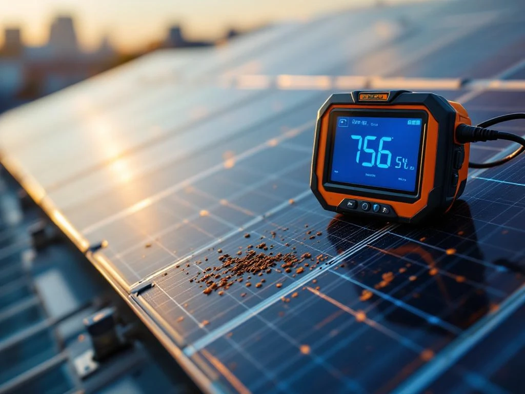 Zonnepaneel met zichtbare defecten zoals donkere vlekken en scheuren naast ongerepte panelen, met inspectieapparaat op de voorgrond