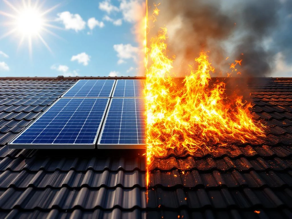 Split-screen met ongerepte zonnepanelen onder zonlicht in contrast met huisbrand en rook op dak