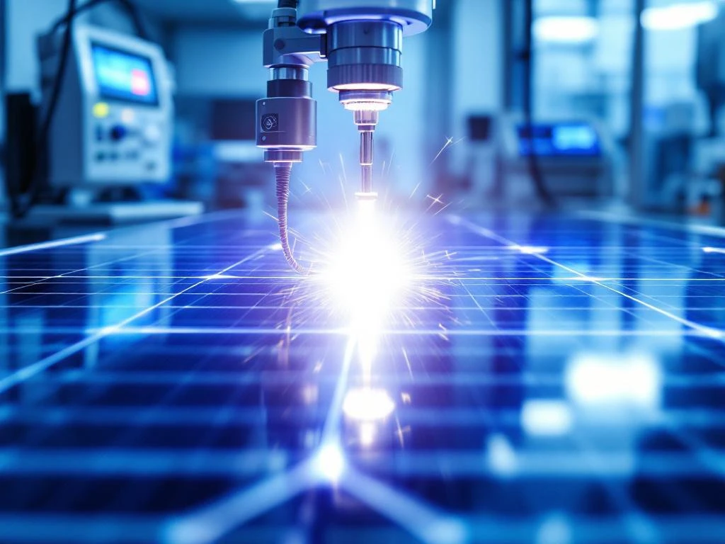 Solar panel undergoing flash testing with bright white light illuminating blue photovoltaic cells and testing equipment visible.