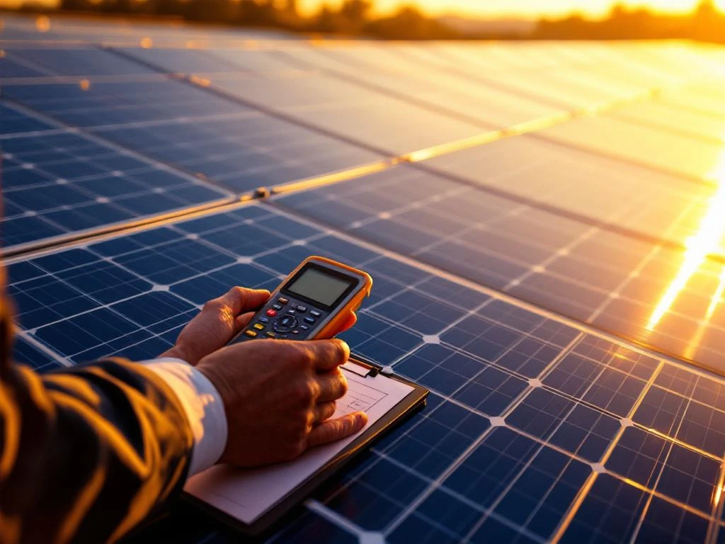 Professionele inspecteur die een digitale multimeter gebruikt om blauwe zonnepanelen in zonlicht te testen, met een inspectieklembord in de buurt.