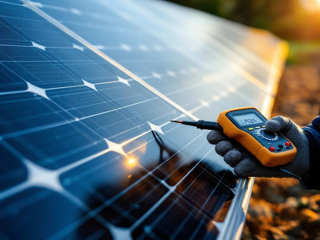 Zonnepaneeltechnicus gebruikt digitale multimeter om kristallijn silicium fotovoltaïsche cellen te inspecteren tijdens een onderhoudscontrole.