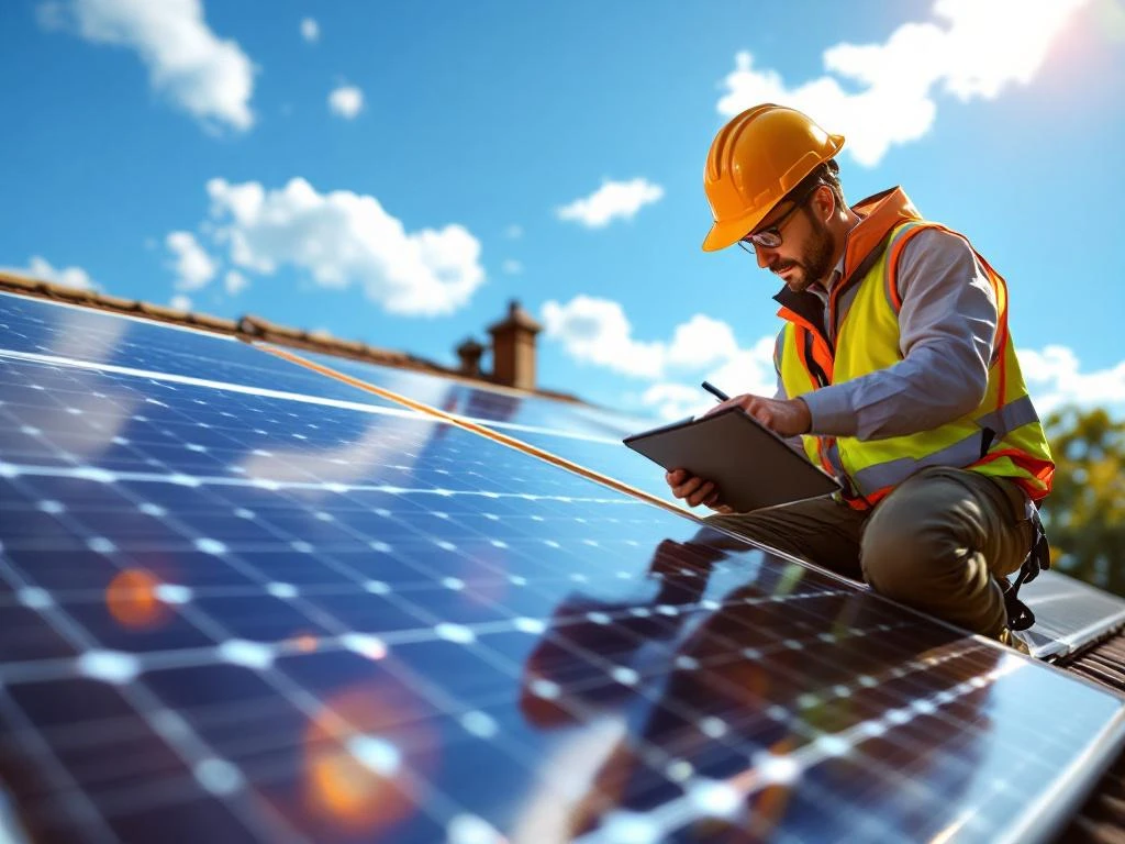 Professionele inspecteur in high-visibility vest onderzoekt zonnepanelen op daken met digitale tablet onder blauwe lucht.