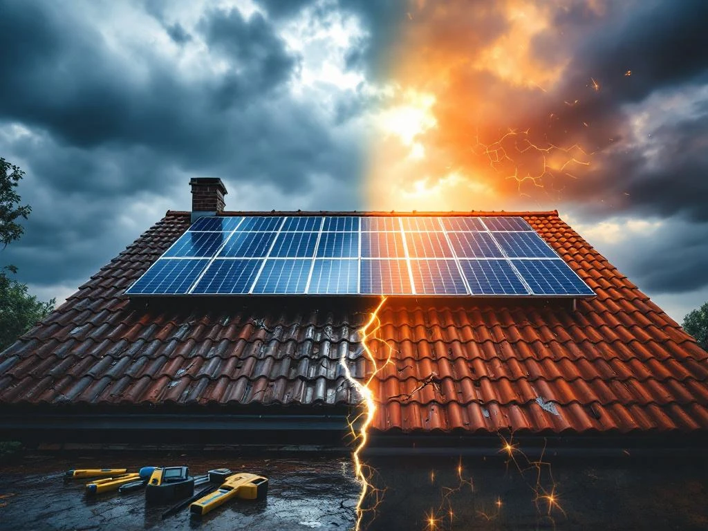 Vergelijking van zonnepaneelinstallaties: gave panelen versus beschadigd dak met scheuren, watervlekken en veiligheidsrisico's